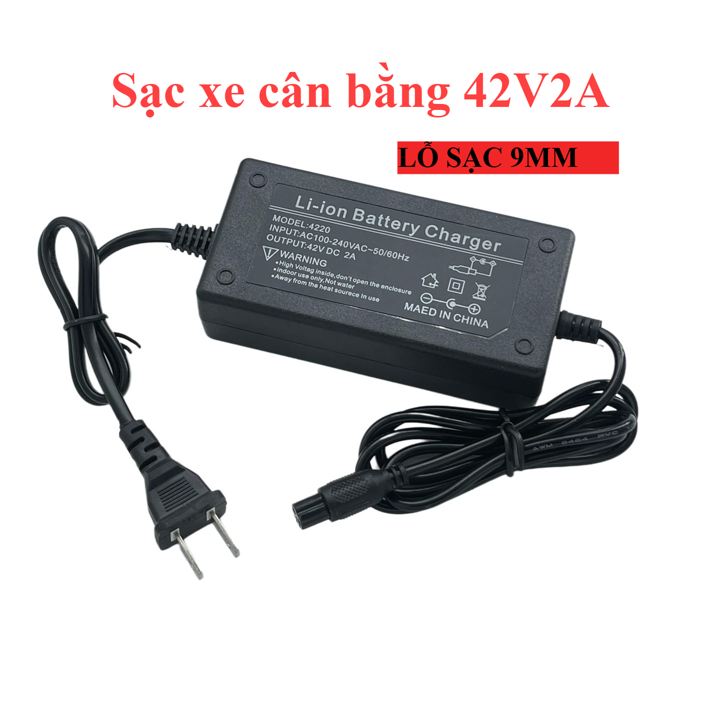 Bộ sạc 42V 2A sạc xe điện cân bằng 2 bánh 36v, xe drift giắc tròn 3 chấu 9mm, có đèn báo đầy