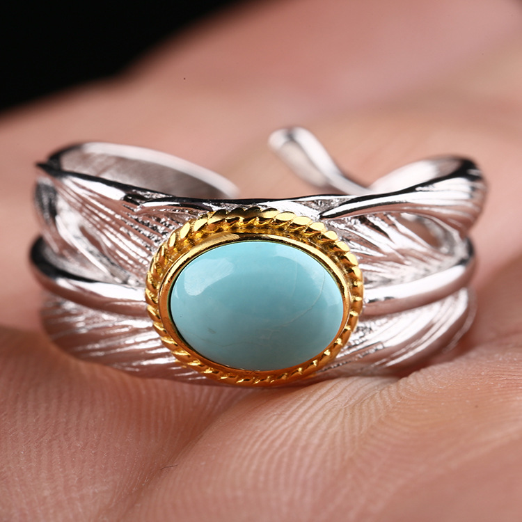 s925 Silver Ring Exquisite Bright Silver Style Inlaid with Original Ore Hubei Pine Adjustable Men and Women High-Quality Feather Ring LZD
