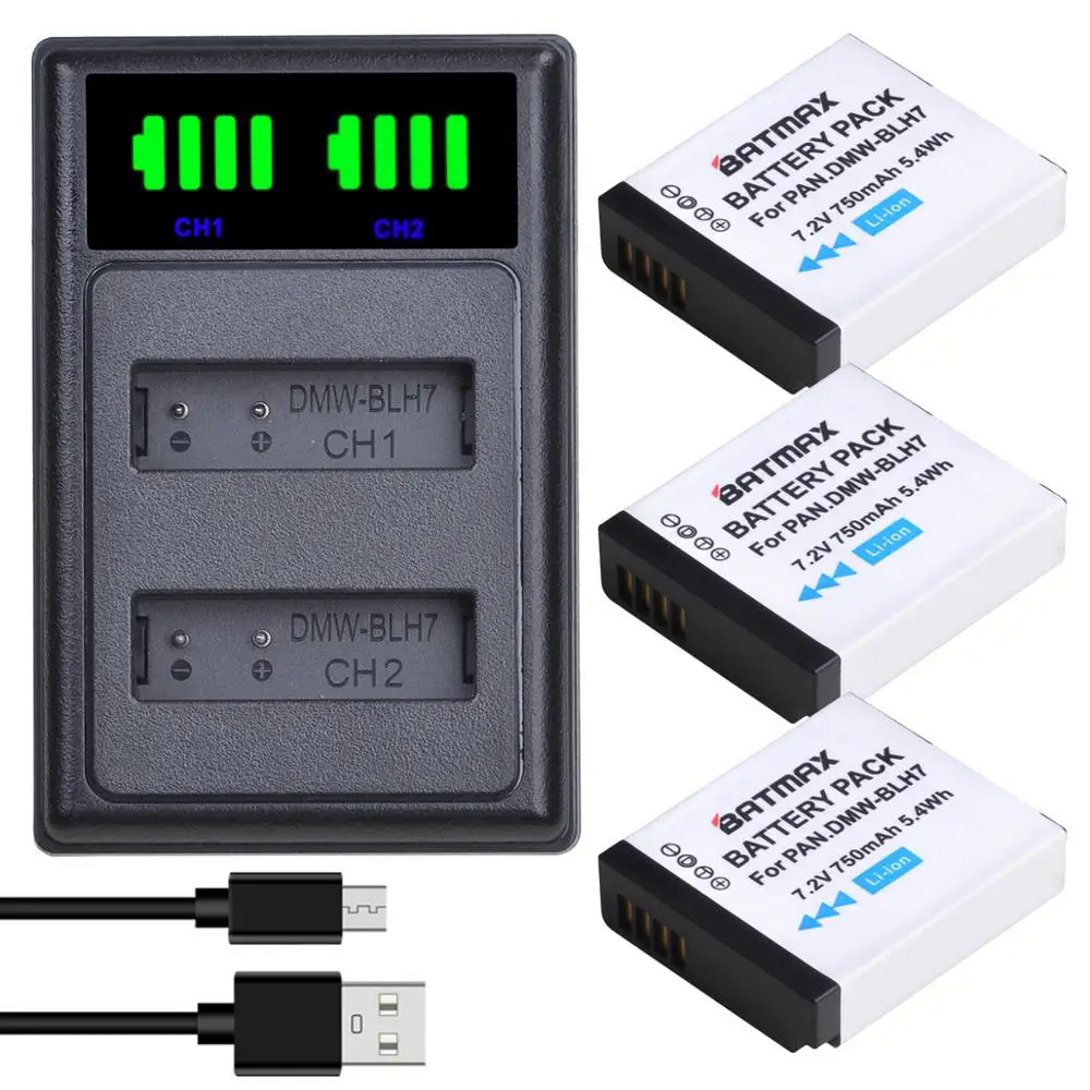 Batmax DMW-BLH7 blh7e Pin New LED USB sạc kép với loại C Port cho Panasonic Lumix DMC-GM5,DMC-GF7,DMC-GF8, gf9, LX10