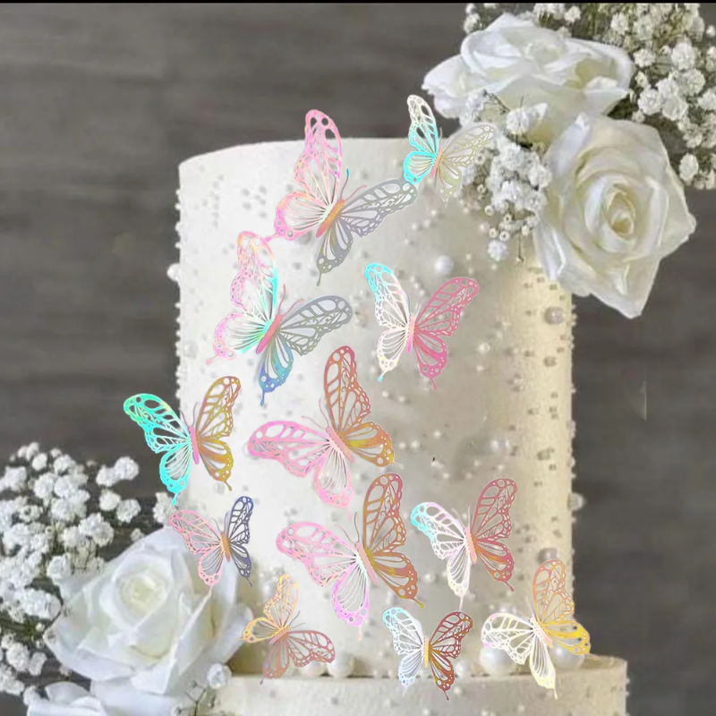 【ABLE】 Laser Butterfly Butterflies for Birthday Cake Toppers 3D Paper Iridescent Sticker Graduation Grad Cap Decorations Baby Shower