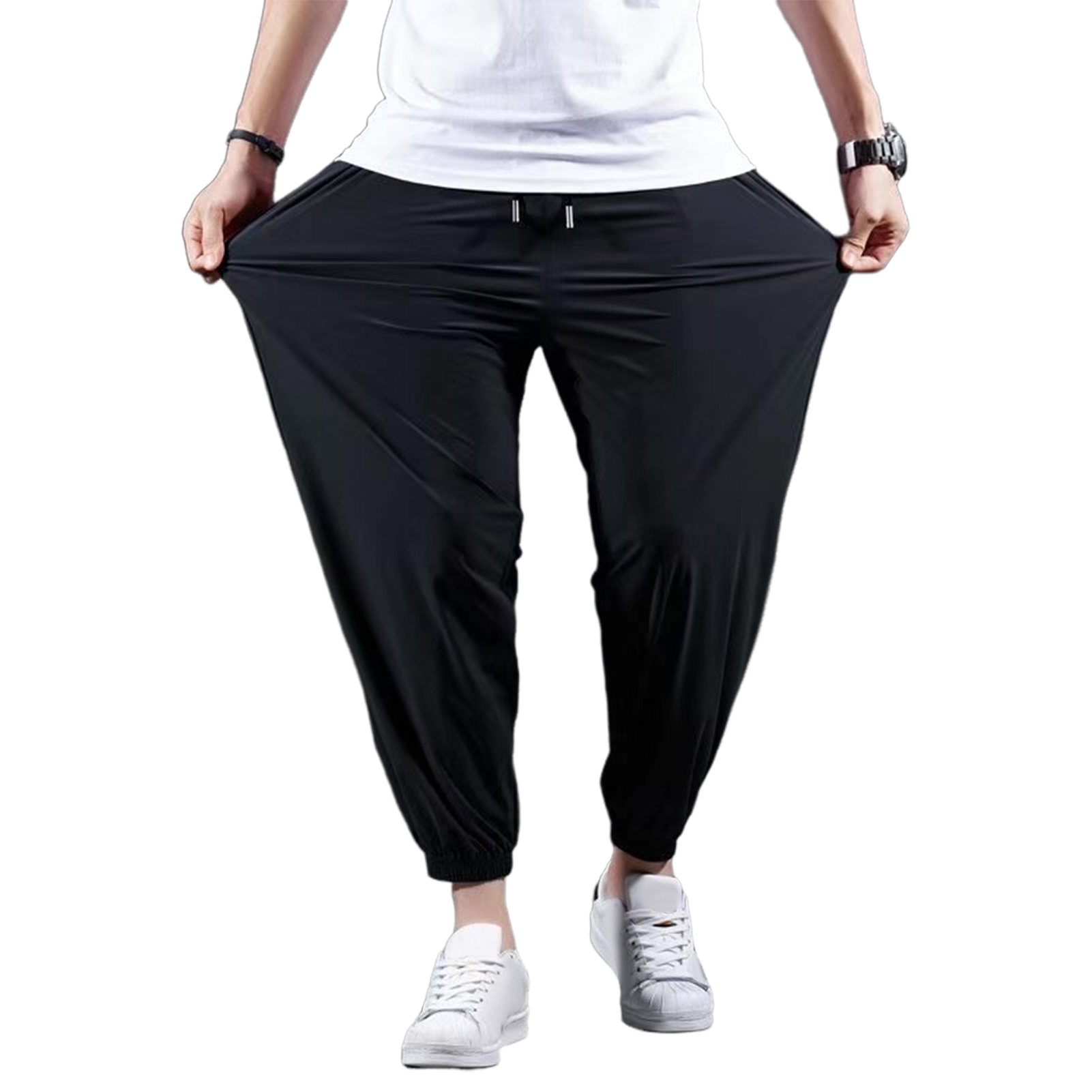 UHH Men Loose-fitting Pants Men Casual Ice Silk Pants Men's Ice Silk Sport Pants Breathable Loose Jogging Sweatpants with Elastic Waist Drawstring Ankle Bands Pockets – Comfortable Gym for Summer - 2