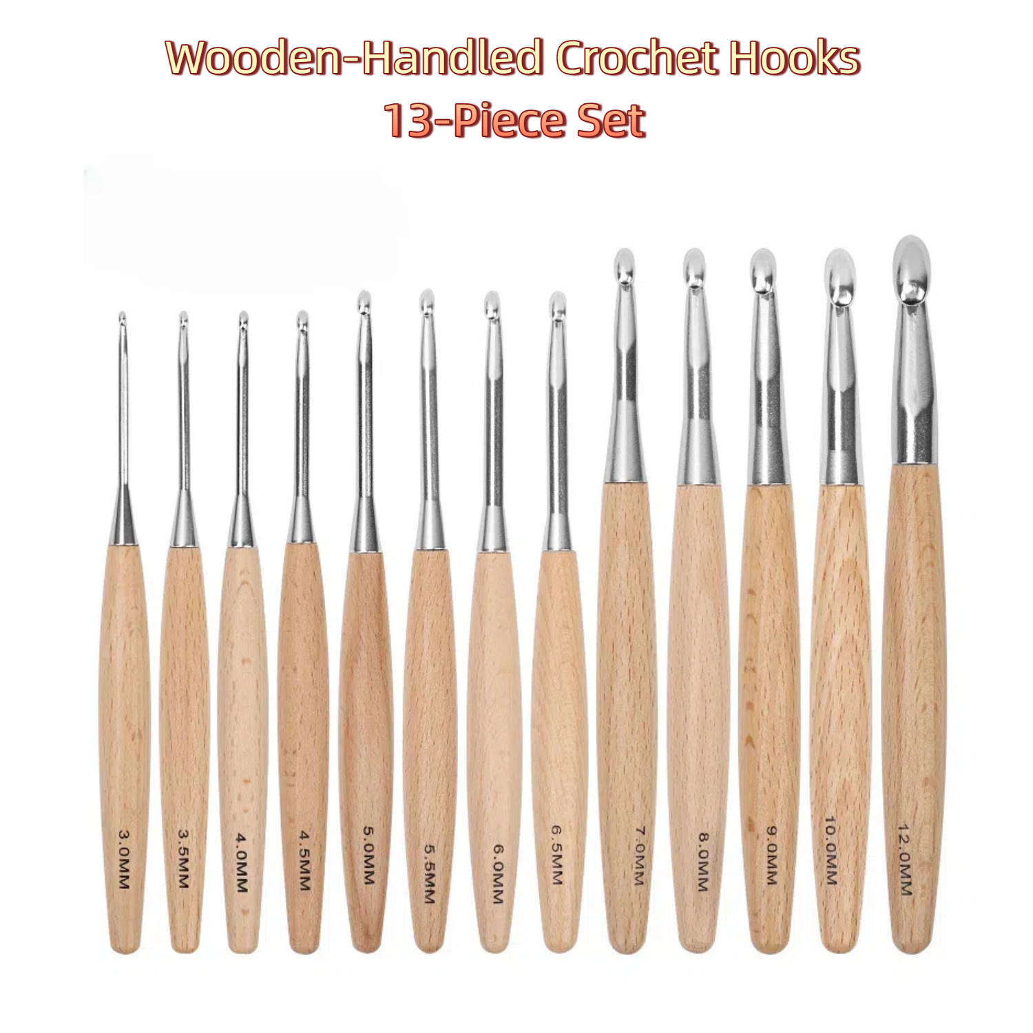 13pcs Wooden Crochet Hooks 3mm-12mm Ergonomic Handle DIY Comfortable Smooth Long Needles for Crocheting Yarn Beginners & Lovers