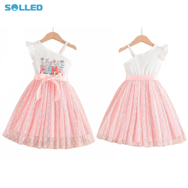 Toddler Girl One Shoulder Dress Sleeveless Flower Letter Pattern Bowknot A-line Tulle Tutu Dress