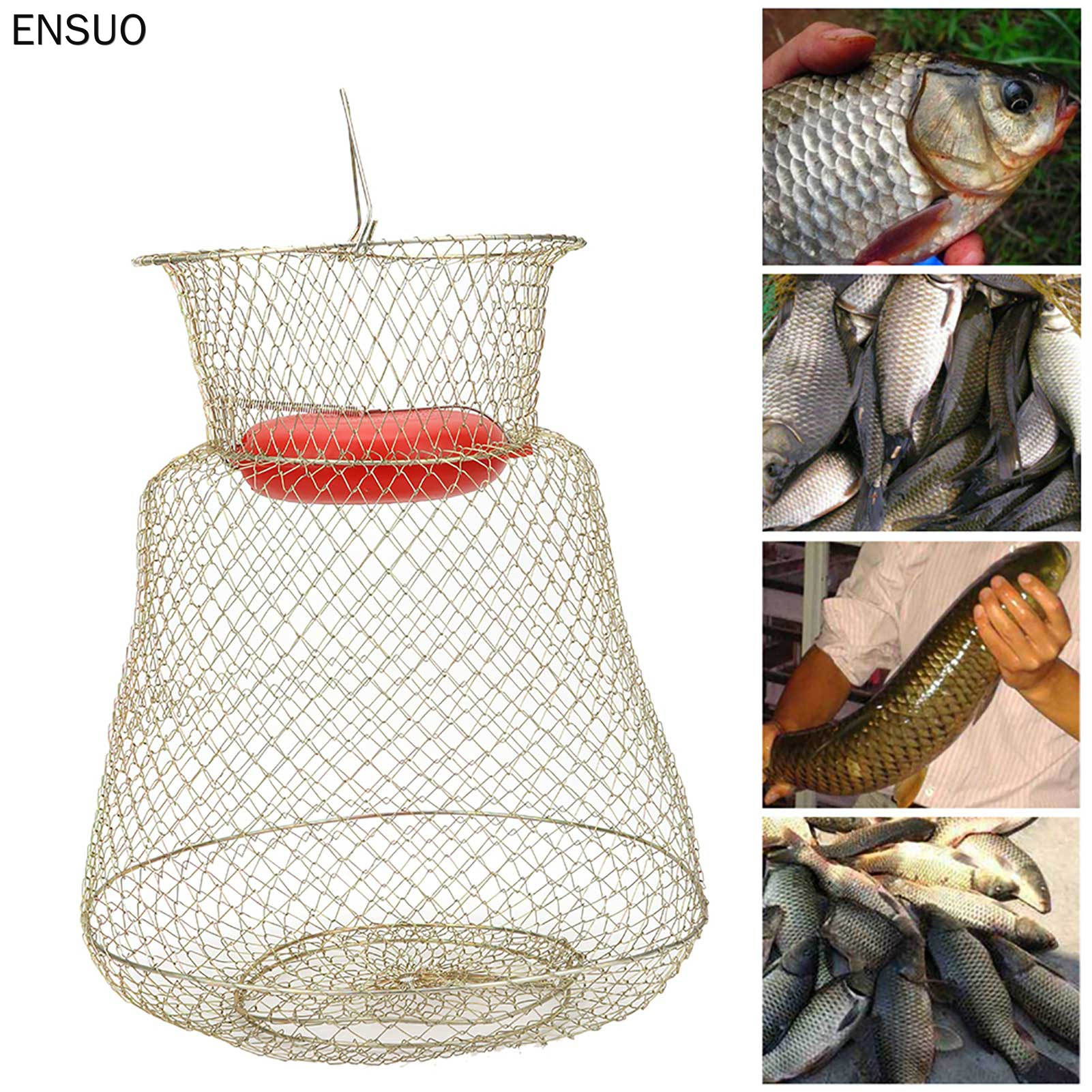 [Ensuo] thép không gỉ có thể gập lại tròn xách tay Cá Tôm giỏ lưới đánh cá lồng với nổi đường kính bát 33cm(S)