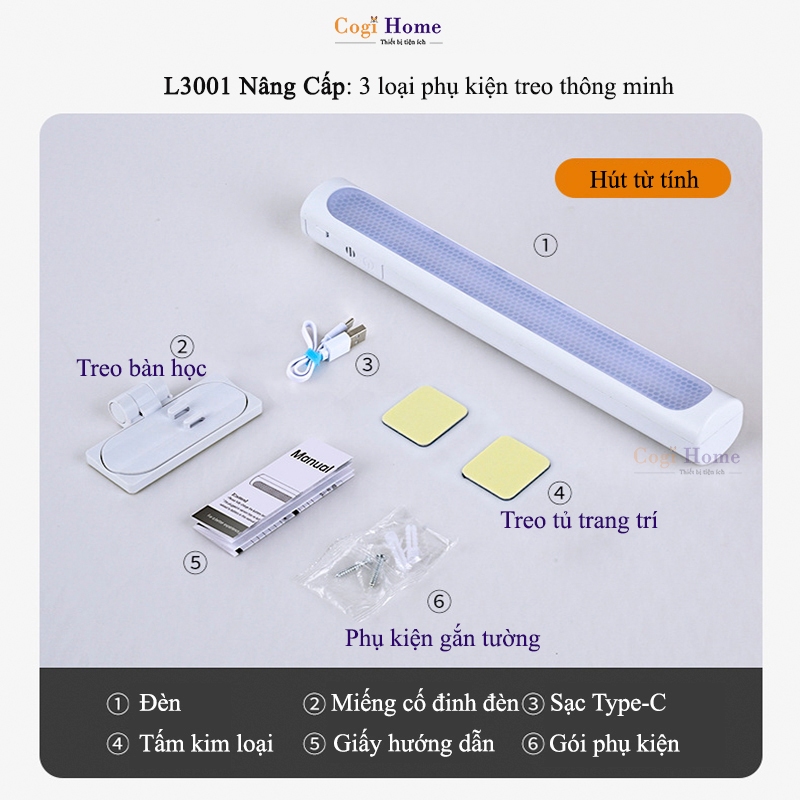 Đèn Học Gắn Tường Tích Điện Gắn Bàn Làm Việc Đèn Đọc Sách Gắn Tường 3 Màu Ánh Sáng