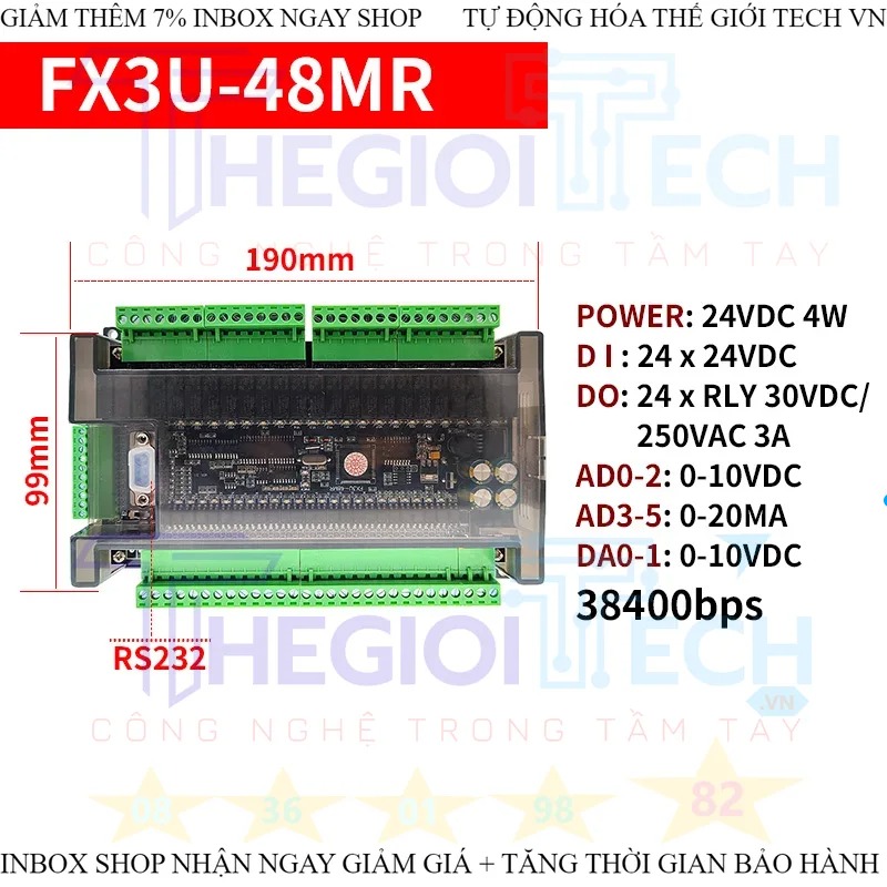 Bo lập trình logic điều khiển công nghiệp PLC FX3U 6AD 2DA 14MR 14MT 24MT 24MR 30MR 32MT 48MR 48MT RS232 RS485 38400bps - FX3U-48MR