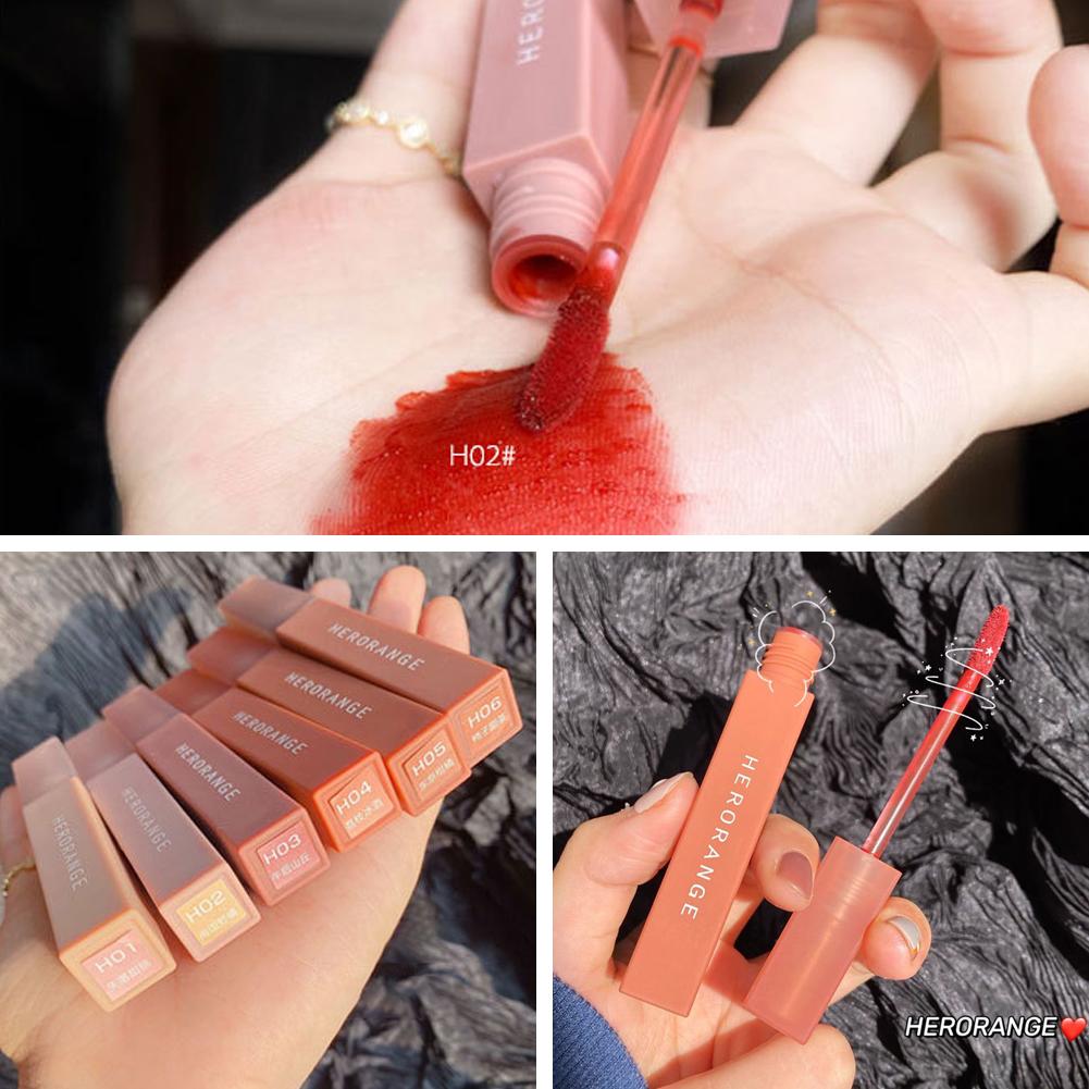 Herorange Son bóng nhung Môi Lì Dưỡng sương mây mềm thấm không phai đất không môi nước màu khô sét không đậm Son kem R5P4