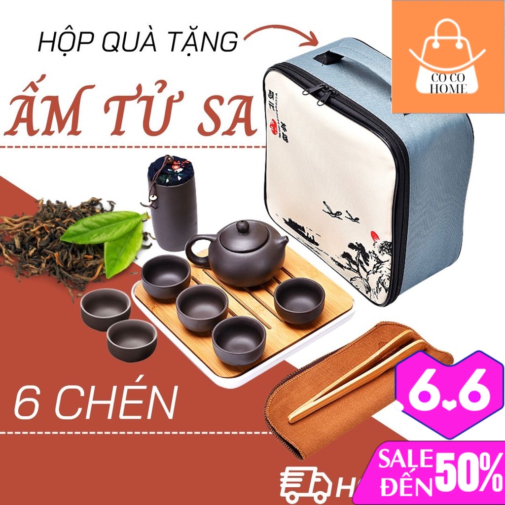 Bộ ấm chén pha trà tử sa 6 chén, 12 món, bộ ấm chén trà đạo sứ thanh kèm túi đựng xách tay cao cấp dùng làm quà tặng