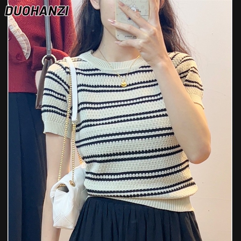Áo Thun Nữ DUOHANZI Áo Thun Nữ mỏng mùa hè ngắn tay nhỏ thơm áo len sọc thiết kế mới ôm vừa kiểu Pháp