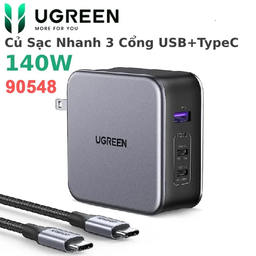 Củ sạc nhanh 140W GaN Nexode Ugreen CD289 15339 90548 2 x USB C 1 x USB-A Kèm cáp USB-C 1m5 240W
