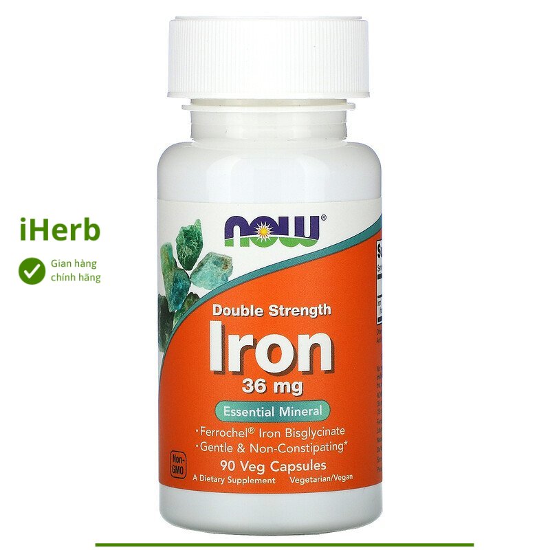 NOW Foods, Iron, Double Strength, 36 mg, 90 Veg Capsules - iHerb Vietnam