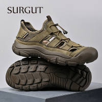 SURGUT Summer Mens Sandals Cowhide And Mesh Fabric Thick Sole Wading Travel Plus Size 38-46