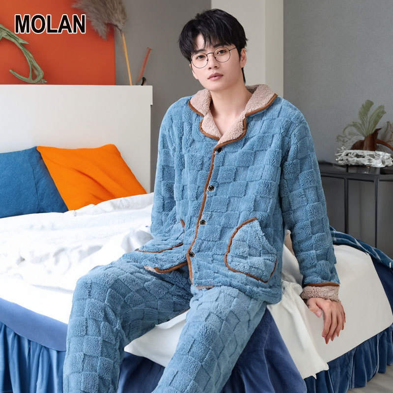 MOLAN Bộ Đồ Ngủ Vải flanen mới của nam giới mùa thu và mùa đông lông cừu san hô ấm Set ấm áp và thoải mái loungewear