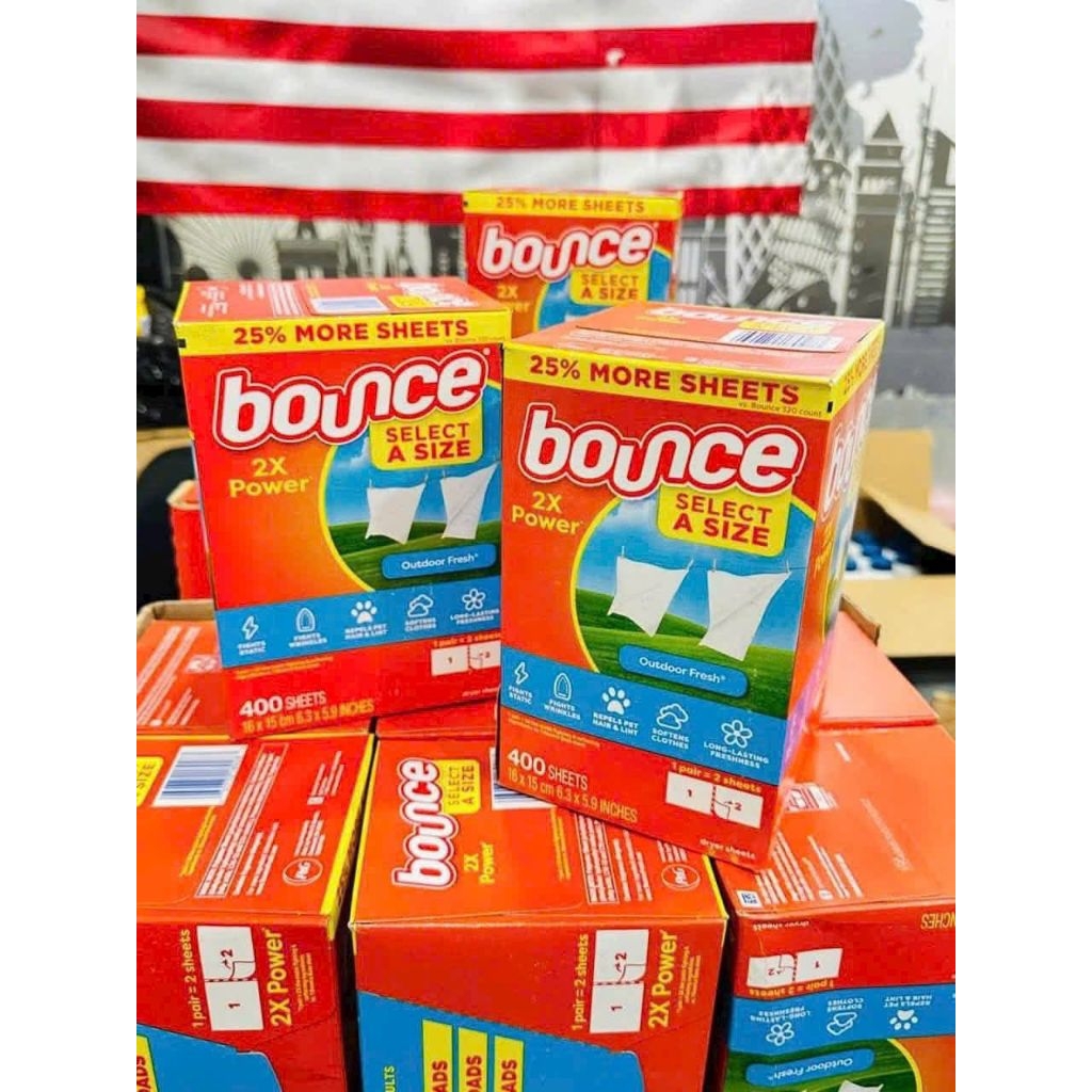 Hàng chuẩn Costco Mỹ - Giấy thơm Bounce hộp 400 tờ MẪU MỚI NHẤT - Gấp đôi mùi thơm – hương Outdoor Fresh thơm mát dễ chịu, lưu hương lâu dài ✅ Giảm tĩnh điện, giảm nhăn – giữ cho quần áo luôn mềm mại và dễ ủi