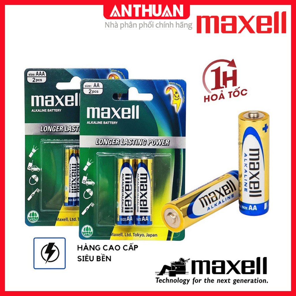 Pin AA Pin AAA Maxell Alkaline 1.5V Vỉ 2 Viên Pin Tiểu Pin Đũa chất lượng cao cho micro, điều khiển