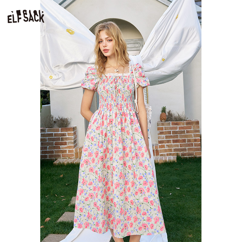 ELFSACK Women Cottagecore Floral Midi Dress with Square Neck Puff Sleeve, Smocked Waist A Line Long Dress for Summer Beach Vacation Outfit ราคา 1,564 บาท*ส่งฟรี