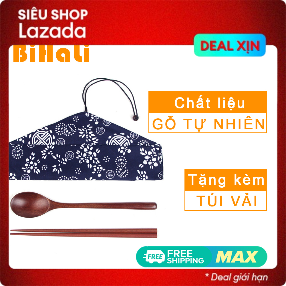 Bộ muỗng đũa cá nhân BiHaLi văn phòng cao cấp bằng gỗ có túi vải kèm theo - bộ thìa đũa cá nhân văn phòng