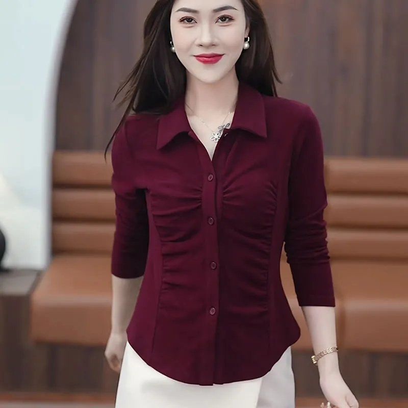 Luxqlo Long Sleeve Shirt Women Fashion Slim Plain Blouse Korean Style Simple Office Tops ราคา 250 บาท*ส่งฟรี