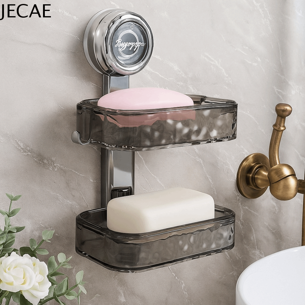 JECAE Hai lớp Giá đỡ xà phòng Chống thấm nước Cốc hút Hộp xà phòng Tiết kiệm không gian Gắn tường Bộ tổ chức phòng tắm Khách sạn