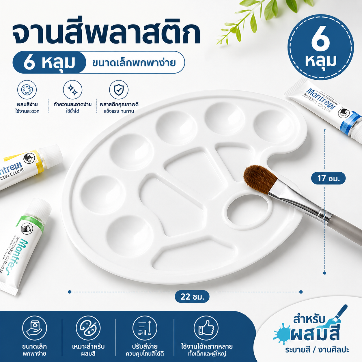 SKY จานสี ถาดสี จานสีพลาสติก คุณภาพดี จานผสมสี พลาสติกขาว ขนาด 23x17x1cm สำหรับเด็ก นักเรียน จิตรกร Paint Palette Plastic Oil Painting Palette