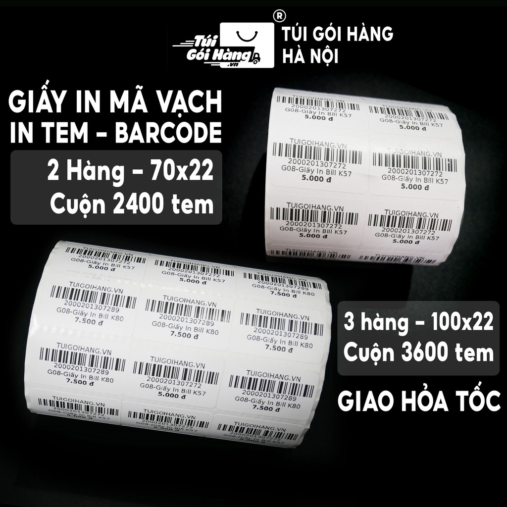 Giấy in mã vạch in barcode 1 tem, 2 tem, 3 tem các kích thước 100x22, 70x22, 60x40, 50x30 giá tốt
