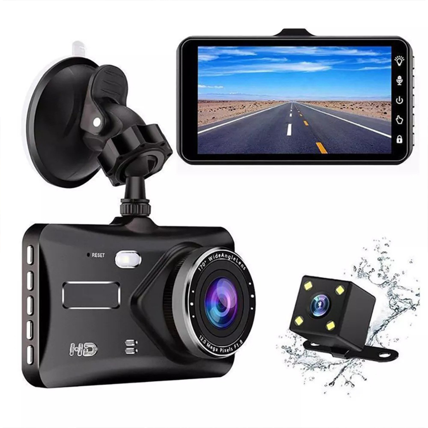 Màn hình cảm ứng 4 inch Máy ghi âm lái xe 1080P độ nét cao ống kính kép xe phía trước và phía sau ghi gấp đôi ảnh đảo ngược