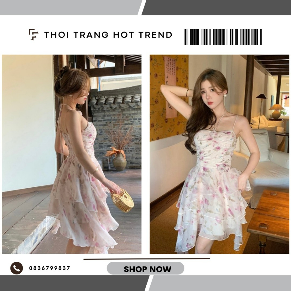 Đầm hoa dáng xòe tầng dây cổ siêu xinh
