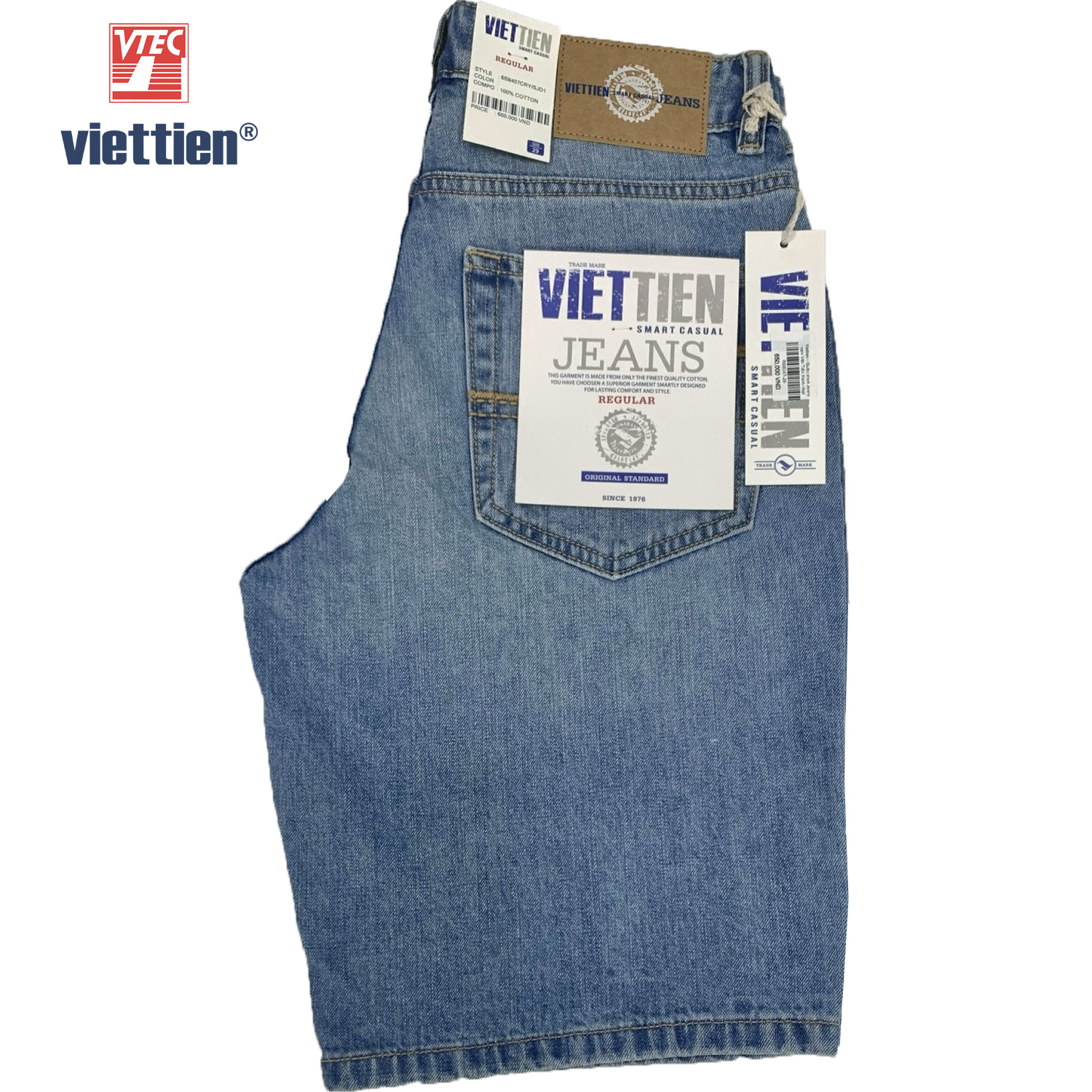 Viettien - Quần short Jeans nam Việt Tiến Xanh nhạt 6S8407 regular 100% cotton