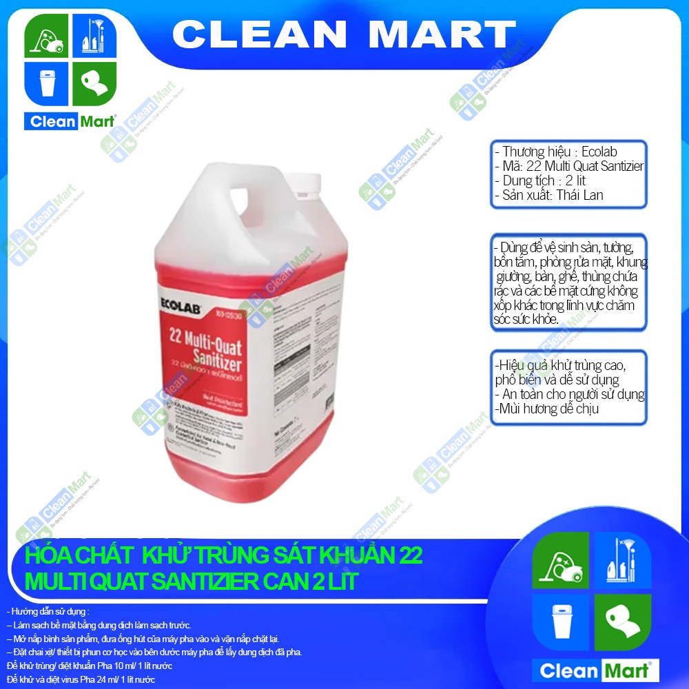 [ECOLAB] Chất Khử Trùng Sát Khuẩn 22 Multi Quat Santizier Can 2 lit - CLEAN MART