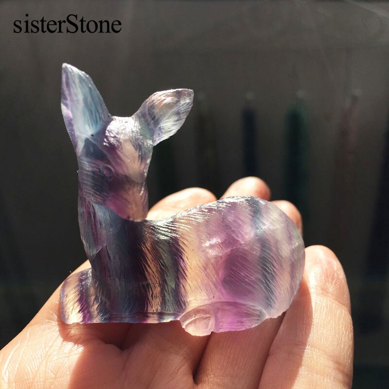 Natural Rainbow fluorite hand carved mini deer 2 quartz crystal healing stones hand carving animal for home decor stones (2)