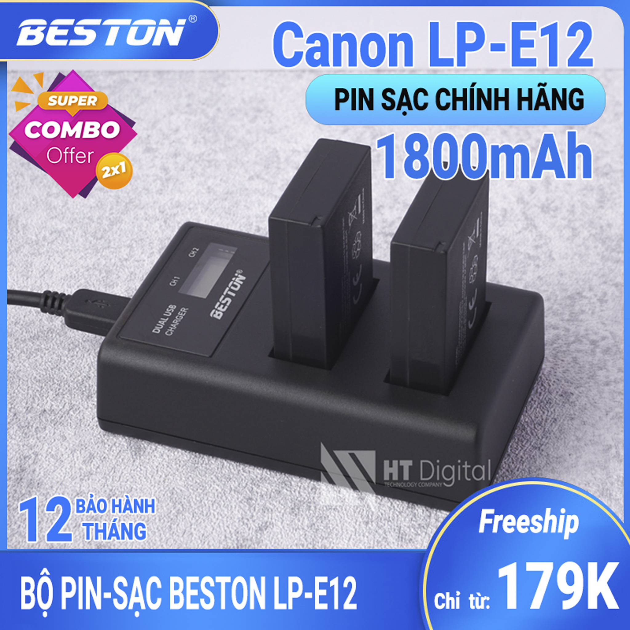 Bộ 2 Pin LP-E12 + Sạc Đôi LP-E12 Beston Cho Canon EOS M10 EOS M6 EOS M50