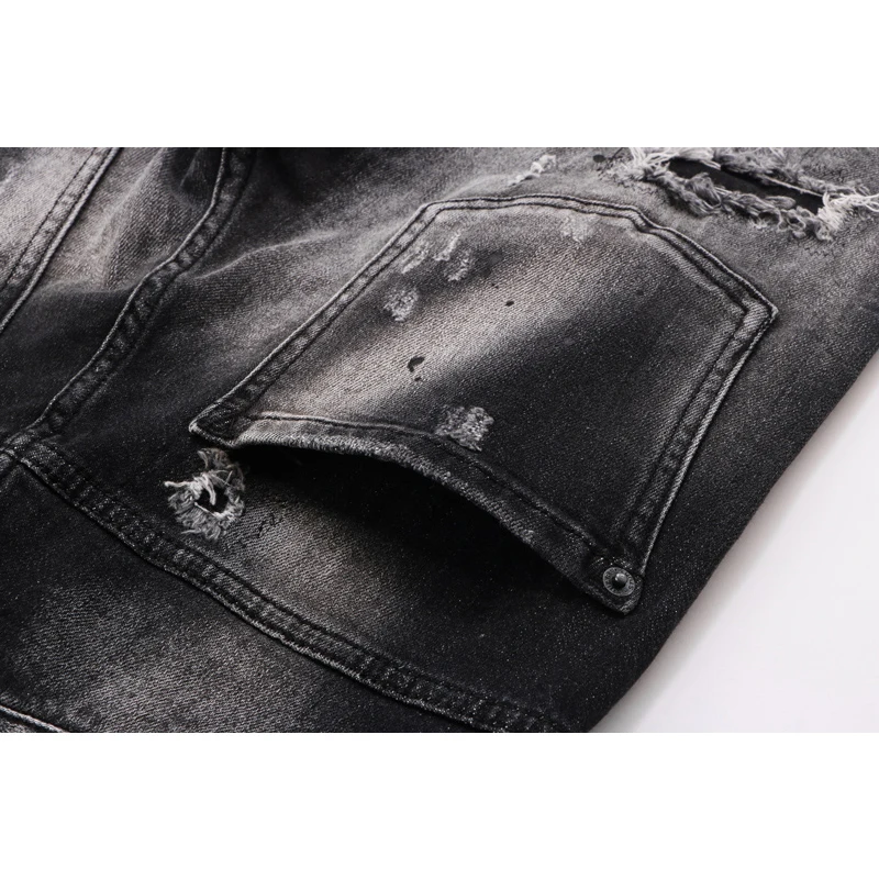 【A Popular】  Street Fashion Men Jeans Retro Black Gray Elastic Stretch Slim Fit Hole Ripped Jeans Men Patched Designer Hip Hop Brand Pants