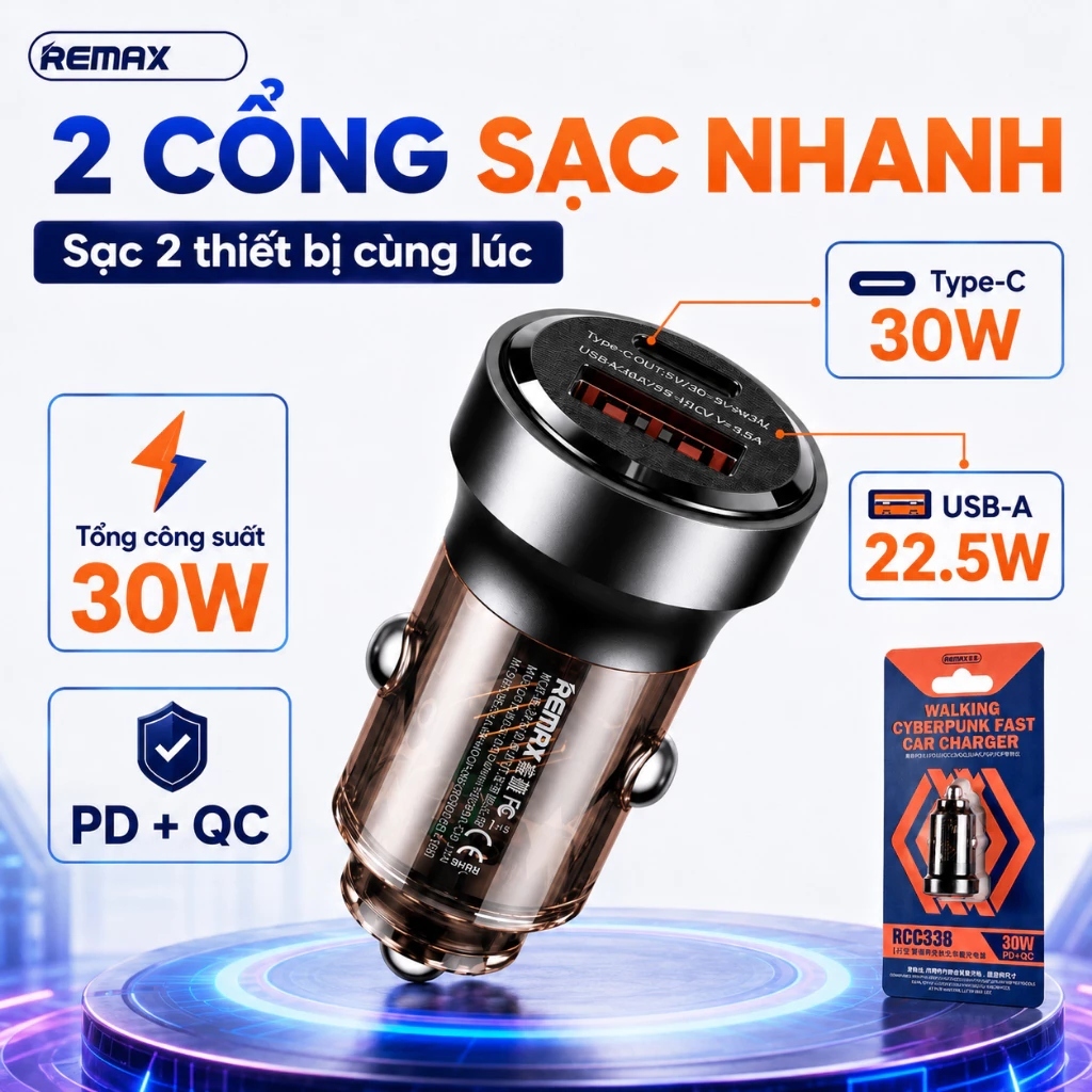 Cốc/ Củ Sạc nhanh 30W xe hơi Remax RCC338 và 80W Xe Hơi ô Tô Kim Cương S50 Giá 119,936 Đồng*Miễn phí vận chuyển