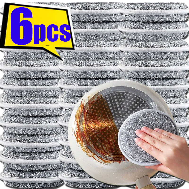 6Pcs Multi-purpose Double-Sided Dishwashing Sponge Steel Wire Cleaning Wipe Reusable Thickened Silver Wire Pan Dishwashing Scouring Pad Home Kitchen Dishwashing Cloth