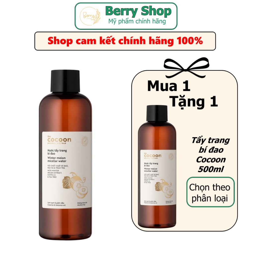 [ Mua 1 Tặng 1 ] Tẩy trang bí đao - hoa hồng Cocoon 140ml/500ml dành cho da dầu, da khô, BerryShop