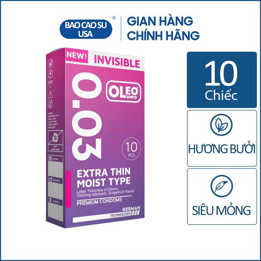 Bao cao su siêu mỏng Oleo Lampo Invisible siêu mỏng 0.03mm hương bưởi