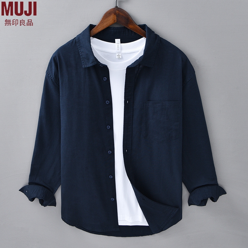 Phong cách Nhật Bản Muji mùa xuân và mùa hè Linen Áo thun tay dài nam kinh doanh giản dị đa năng Cot