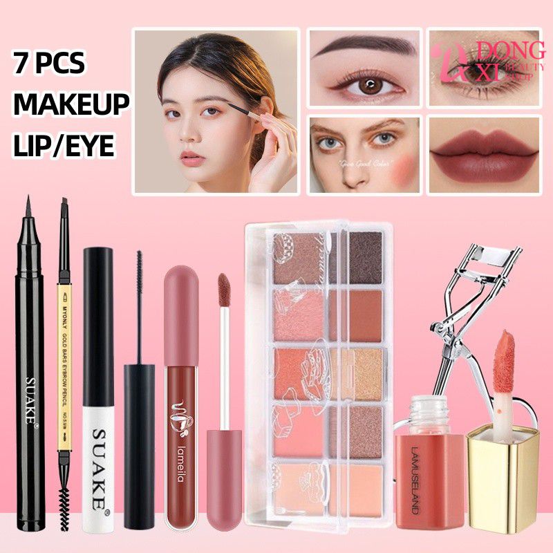 Dongxi lameila tấm phấn mắt 10 màu + mascara không thấm nước + bút bút kẻ mắt nước khô nhanh + bút chì kẻ lông mày chống mồ hôi + son bóng lì mịn lụa + phấn má hồng mini + kẹp kẹp uốn mi đa chức năng trang điểm kết hợp