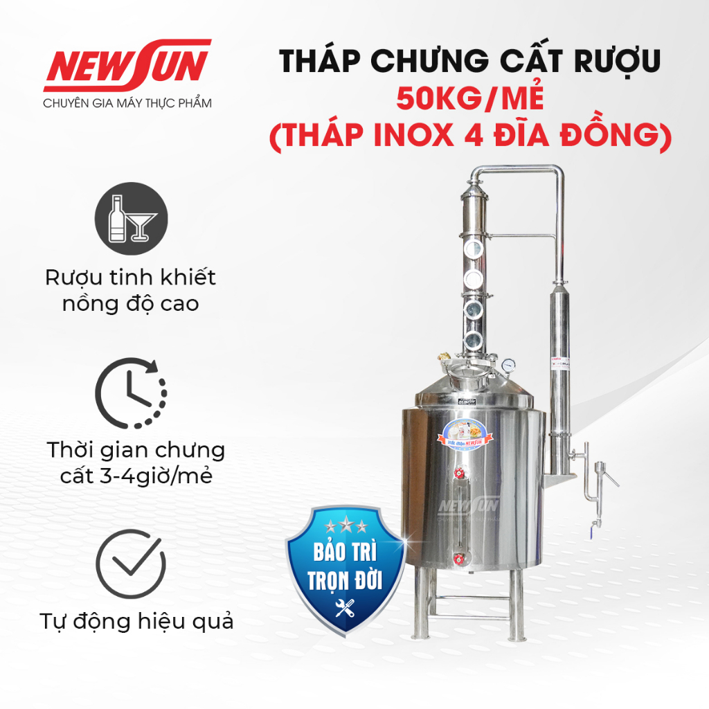 Tháp chưng cất rượu 50kg/mẻ (tháp inox 4 đĩa đồng) NEWSUN