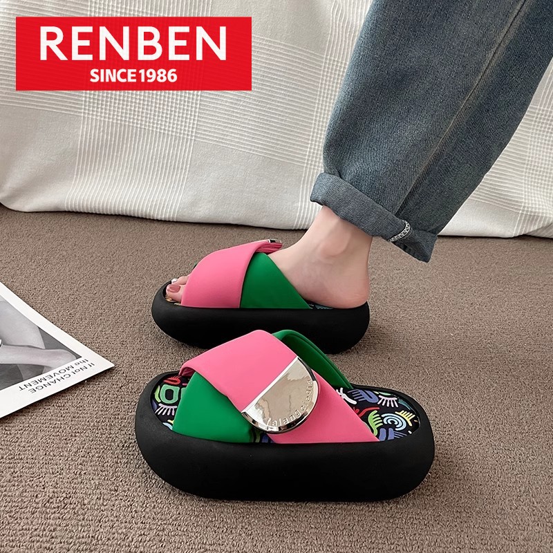 RENBEN Dép Graffiti cho phụ nữ 2024 New Niche nền tảng thời trang dầy đế đi ra ngoài Xăng đan đi biển dép bánh mì dép girl phố giày nữ đẹp