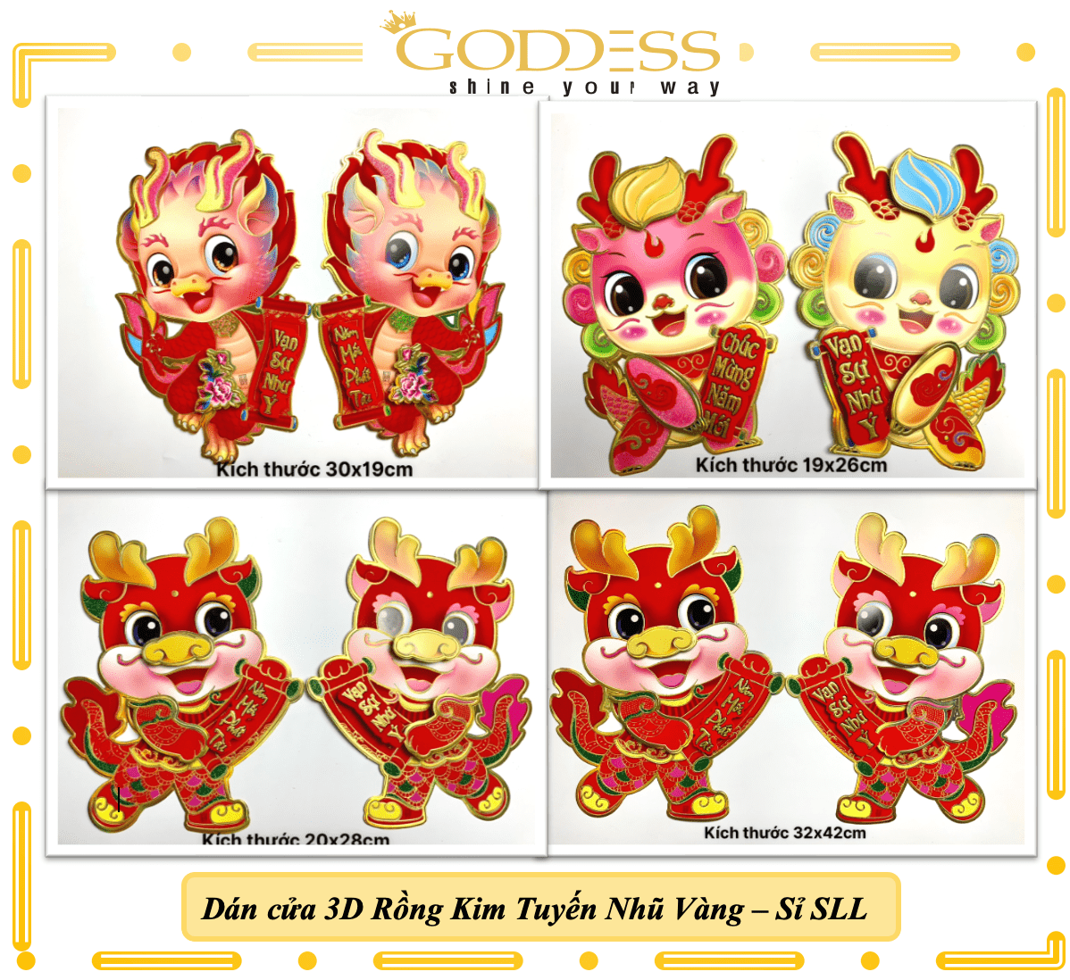 [Trang Trí Tết] Bộ Hình Dán Cặp Rồng Tết Giáp Thìn 2024 - Dán Cửa Trang Trí Ngày Tết 3D Nhũ Vàng Kim Tuyến