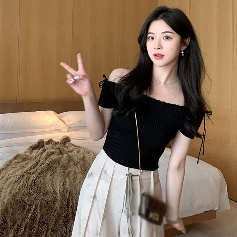 Beautyinggirls Áo Thun Nữ Áo cánh dệt kim sọc tay ngắn phiên bản Hàn Quốc
