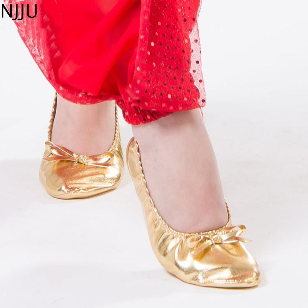 NJJU Vàng Giày múa bụng Da Nơ Giày khiêu vũ Ấn Độ Phong cách Mềm Giày bệt ba lê có thể gập lại Bé gái