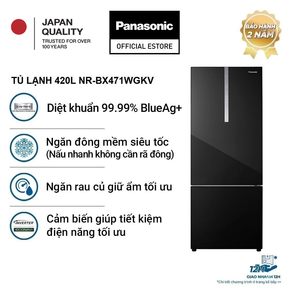 [Trả góp 0%] Tủ Lạnh 2 Cánh Panasonic 420 lít NR-BX471WGKV ngăn đá dưới - Ngăn đông mềm siêu tốc - B