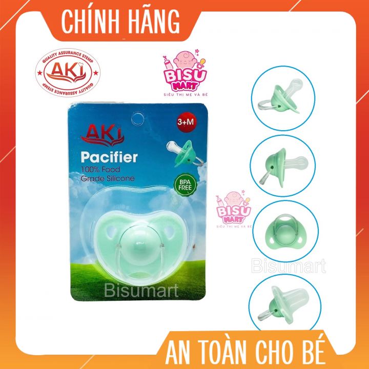Ty ngậm tròn silicon, núm ti giả cho bé AKI có nắp đậy
