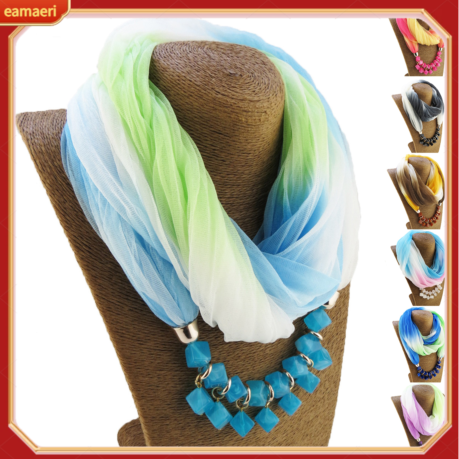 Women Scarf Summer Gradient Color Colorful Breathable Soft Sun-resistant Lightweight Resin Stones Pendant Wrap Necklace Scarf Outdoor Wear ราคา 195 บาท*ส่งฟรี