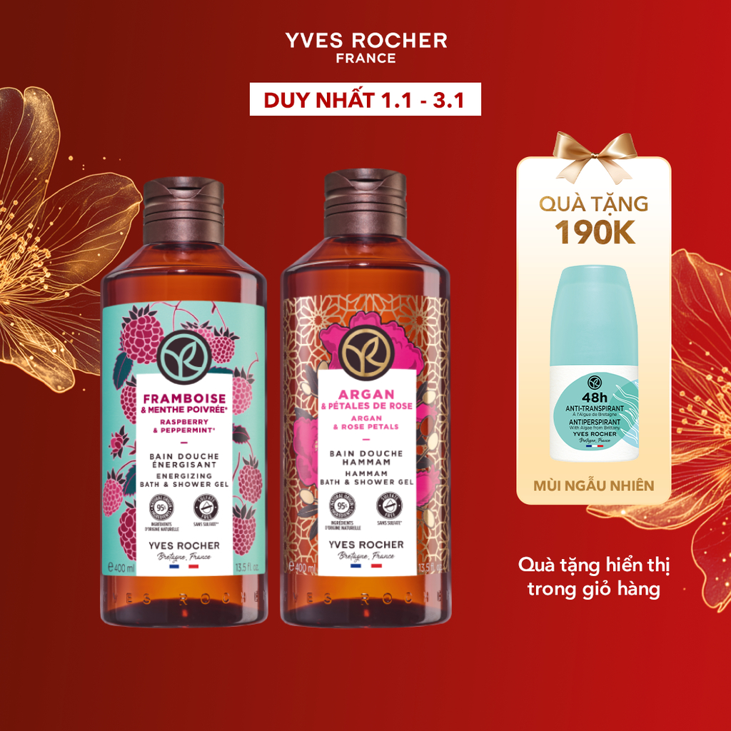 Combo 2 Sữa Tắm Hương Mâm Xôi Đỏ và Hương Hoa Hồng - Tinh Dầu Argan Yves Rocher 400mlx2 