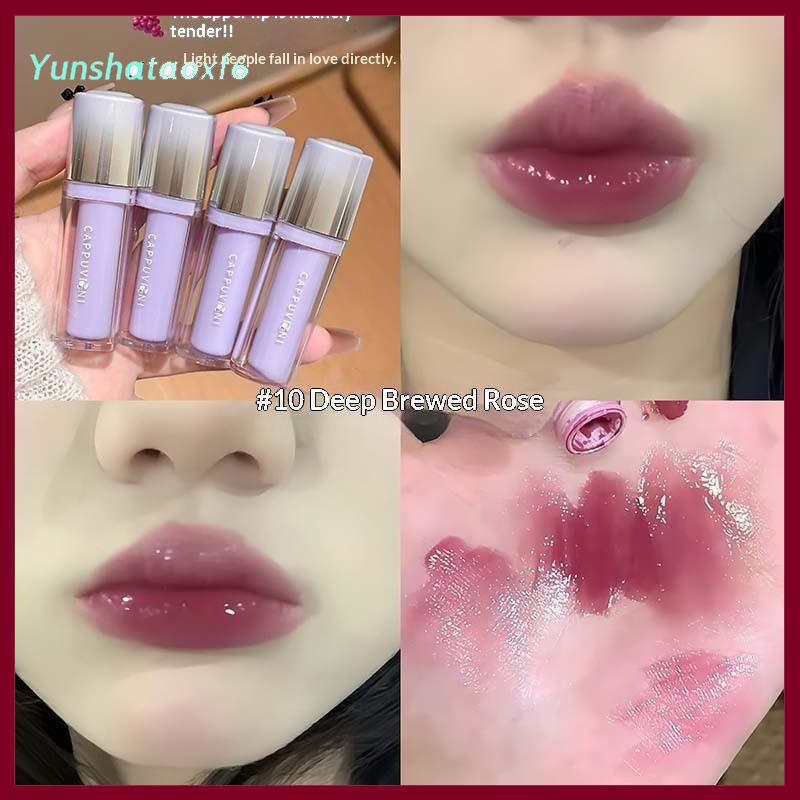 yunshataoxf Cappuvini gương môi men giữ ẩm không thấm nước hình thành một cách nhanh chóng Nho tím nước ánh sáng son bóng không dính màu đỏ thạch Son môi trang điểm - 9