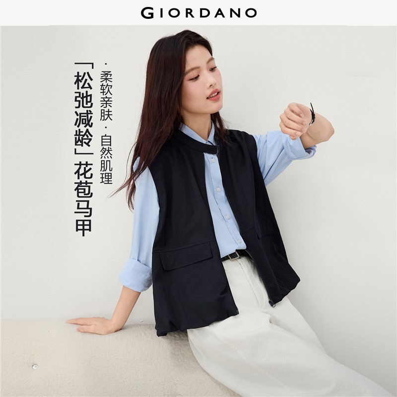 GIORDANO Women Vests Stand Collar Drawstring Hem Vests Zip Front Flap Pockets Fashionable Casual Cargo Vests 13376785