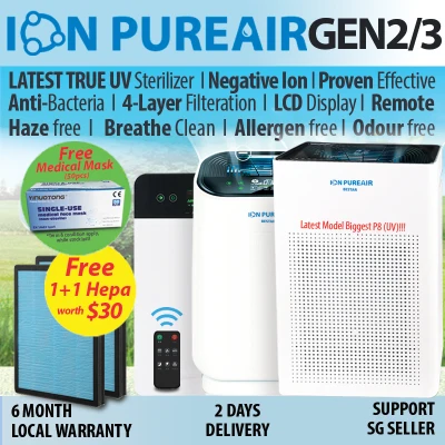 [SG Best Seller]Air Purifier ION PUREAIR GEN2 P4/P5/ P7/Gen3 P7(UV)/ P8(UV)LCD Display/Hepa Filter/Negative Ion/Compact/Quieter/Powerful(Free Medical Mask)